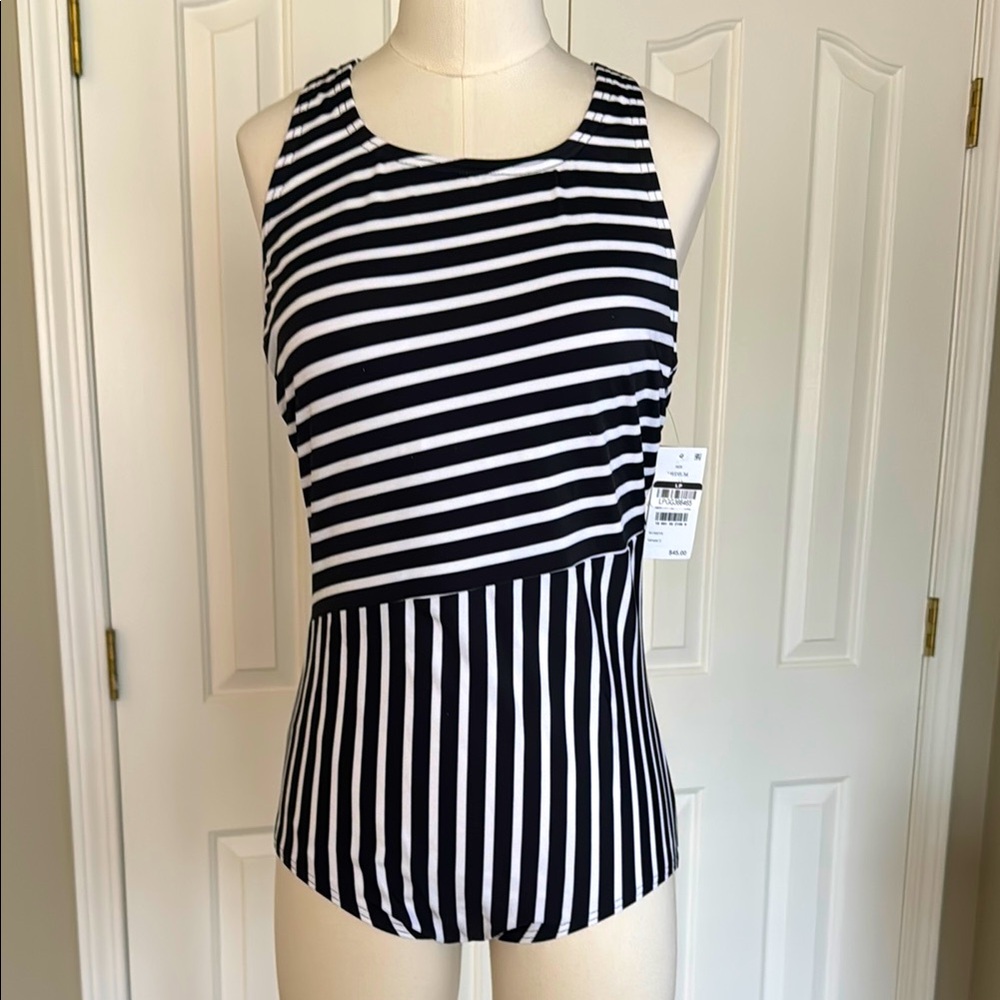 Lands' End Women's UPF 50 Full Coverage Striped High Neck Swimsuit